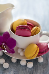 Several types of macaroons with white cup