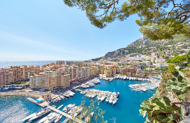 Fototapeta na wymiar Monaco, Fontvieille, 29.08.2015: Port Fontvieille, panorama, top view, cap dail, monaco ville