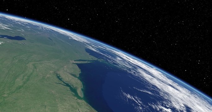 Simulated International Space Station earth orbit flyover of  the lower North American Atlantic Coast, from New York to Florida.  