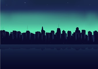 Illustration, night city on a background an ocean.