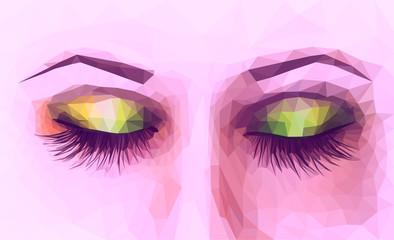 polygonal female eyes closed with long eyelashes purple