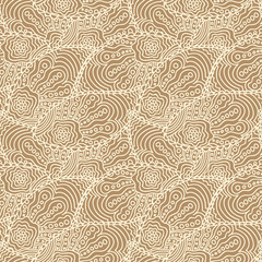 Seamless beige doodle paisley pattern on brown background