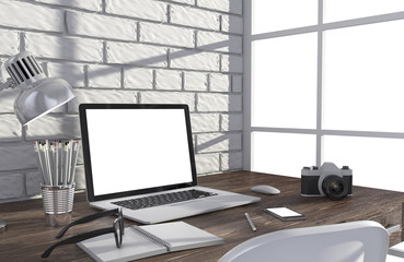 3D illustration laptop and work stuff on table near brick wall, Workspace