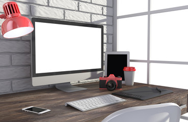 Fototapeta premium 3D illustration PC screen on table in office, Workspace