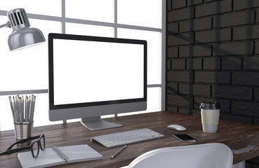 3D illustration PC screen on table in office, Workspace