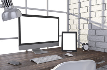 3D illustration PC screen on table in office, Workspace