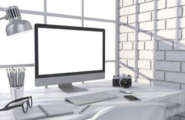 Fototapeta premium 3D illustration PC screen on table in office, Workspace