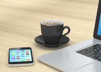 Laptop smartphone and coffee cup