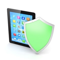 Tablet PC and shield on white device security concept