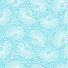 White seamless flower lace pattern on blue background