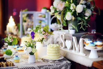 Decorated colorful cupcakes on a sweet table on some festive event