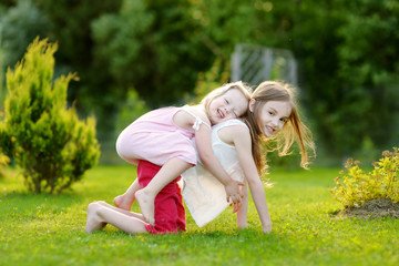 Two cute little sisters having fun together on the grass