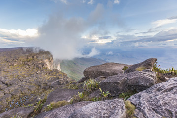 Fototapeta na wymiar View from the Roraima tepui on Kukenan tepui at the mist - Venez