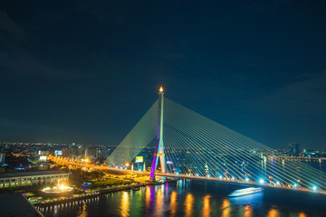Rama 8 Bridge at night in Bangkok