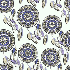Seamless pattern with hand drawn dreamcatchers. Vector illustrations with muted colors. Boho style design elements. Tribal style design