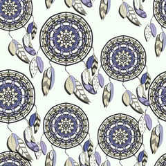 Wallpaper murals Dream catcher Seamless pattern with hand drawn dreamcatchers. Vector illustrations with muted colors. Boho style design elements. Tribal style design