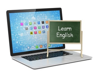  Laptop with chalkboard, learn english, online education concept
