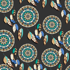 Seamless pattern with hand drawn dreamcatchers. Colorful vector illustrations on dark background. Boho style design elements. Tribal style design