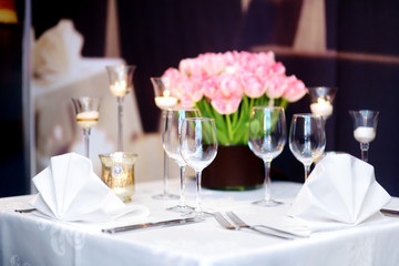 Beautiful table set for some festive event or wedding reception
