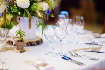Beautiful table set for some festive event or wedding reception