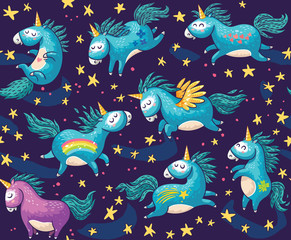 Cute seamless pattern with unicorns in the night sky