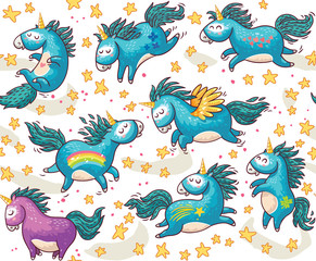 Cute seamless pattern with unicorns in the sky