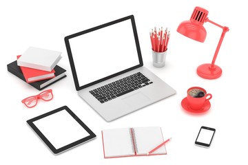 Responsive mockup screens. Laptop, tablet, phone on table 