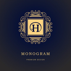 Monogram design elements, graceful template. Calligraphic elegant line art logo design. Letter emblem sign H for Royalty, business card, Boutique, Hotel, Heraldic, Cafe, Jewelry. Vector illustration