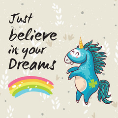 Dreams card with cute unicorn. Vector cartoon illustration