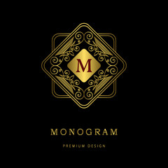 Monogram design elements, graceful template. Calligraphic elegant line art logo design. Letter emblem sign M for Royalty, business card, Boutique, Hotel, Heraldic, Cafe, Jewelry. Vector illustration