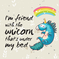 Magic card with cute unicorn. Vector cartoon illustration