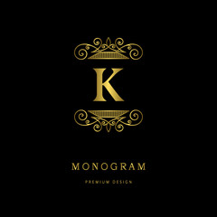 Monogram design elements, graceful template. Calligraphic elegant line art logo design. Letter emblem sign K for Royalty, business card, Boutique, Hotel, Heraldic, Cafe, Jewelry. Vector illustration