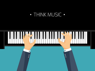 Fototapeta premium Vector illustration. Musical flat background. Piano key, keyboard. Melody. Instrument. Hands.