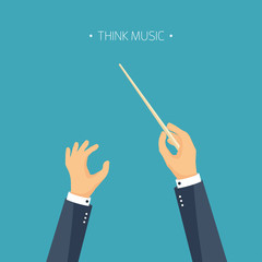 Vector illustration. Flat background. orchestra conductor. Music. Hands. - obrazy, fototapety, plakaty