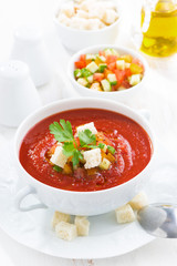 fresh gazpacho in a white bowl, vertical