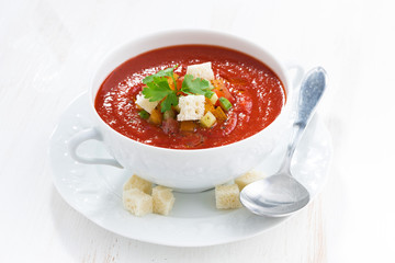 fresh gazpacho with croutons in a bowl