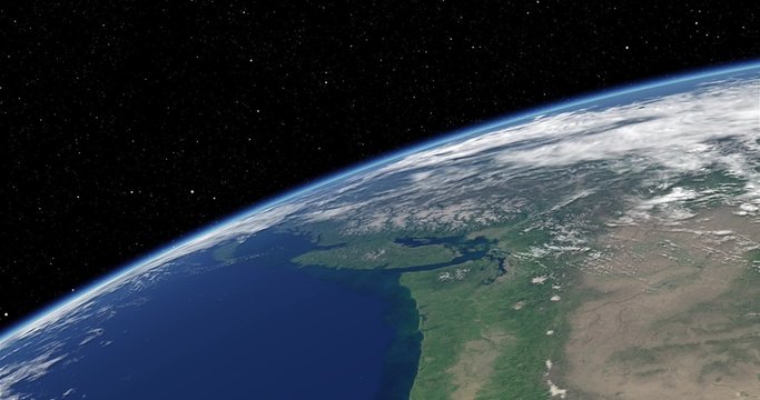 Simulated International Space Station earth orbit flyover of  the upper North American Pacific coast.   