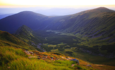 Naklejka premium Vibrant green mountain valley in light of sun rise.