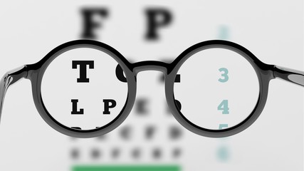 Pair of round-lens eyeglasses with eyesight test and partial blur