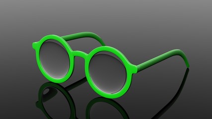 Pair of green  round-lens eyeglasses, isolated on black background.