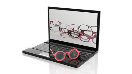 Eyeglasses set on laptop keyboard, and screen with various eyeglasses wallpaper, isolated on white