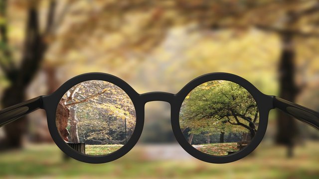 Closeup on eyeglasses with focused and blurred landscape view.