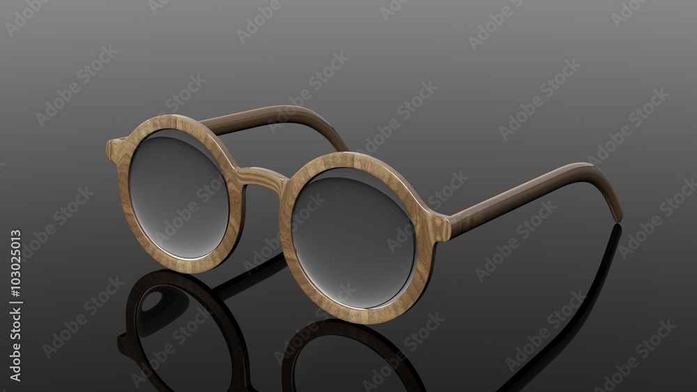 Wall mural Pair of wooden round-lens eyeglasses, isolated on black background.