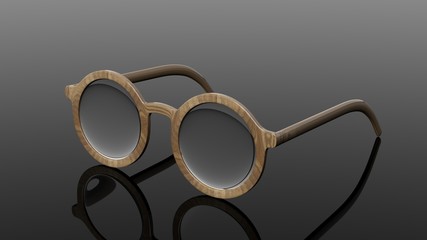 Pair of wooden round-lens eyeglasses, isolated on black background.