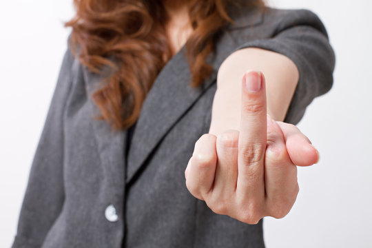 middle finger hand sign by business woman