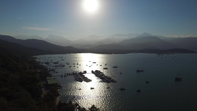 Beautiful sunset aerial view with boats at Paraty, Rio do Janeiro, Brazil.
