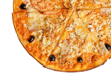 Freshly baked pizza with olives isolated on white