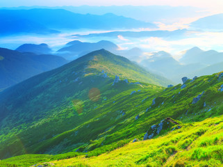 Fototapeta na wymiar Green mountain ridge panorama, summer sunny day.