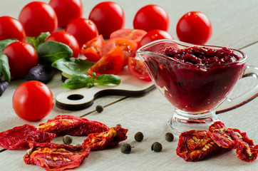 Sauce-BBQ, sun-dried tomatoes, spices, tomatoes and Basil on the