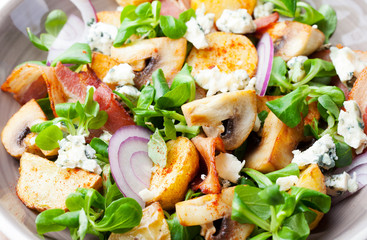 Potato salad with bacon, mushroom on orange napkin Wooden background